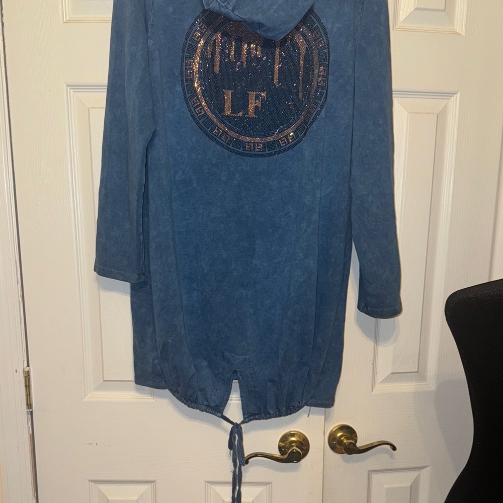 Blue Zip-Up Jacket with Rhinestone Design - Picture 11 of 11